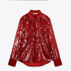 Zara Sequin Red Shirt Size S NWT